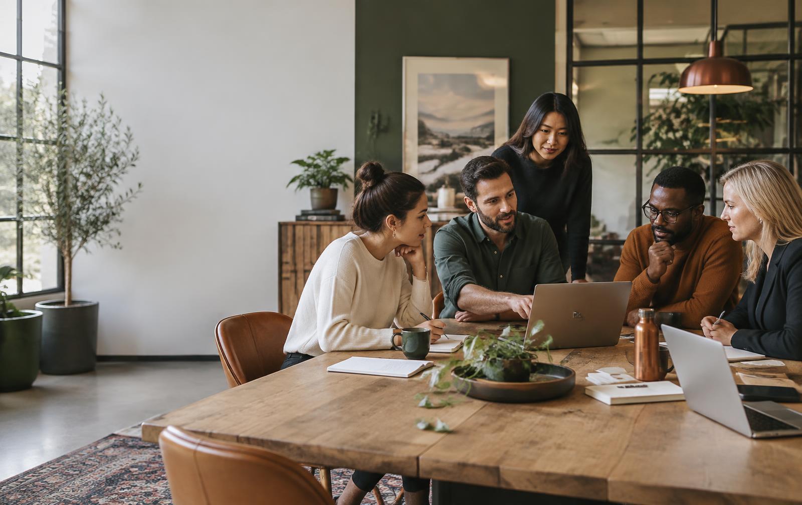 A business owner and employees working together around a laptop